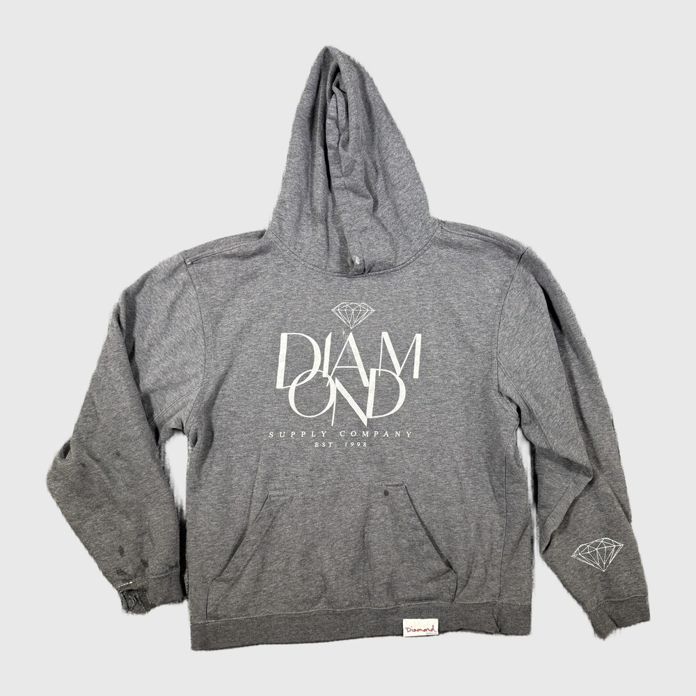 Diamond Supply Co Mens Gray Graphic Logo Pullover Hoodie Skater Distressed